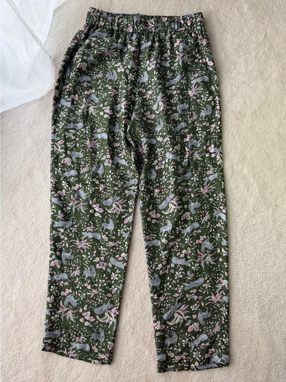 J.Crew Collection 100% Silk Green Floral Unicorn Print Elastic-Waist Wide Pants